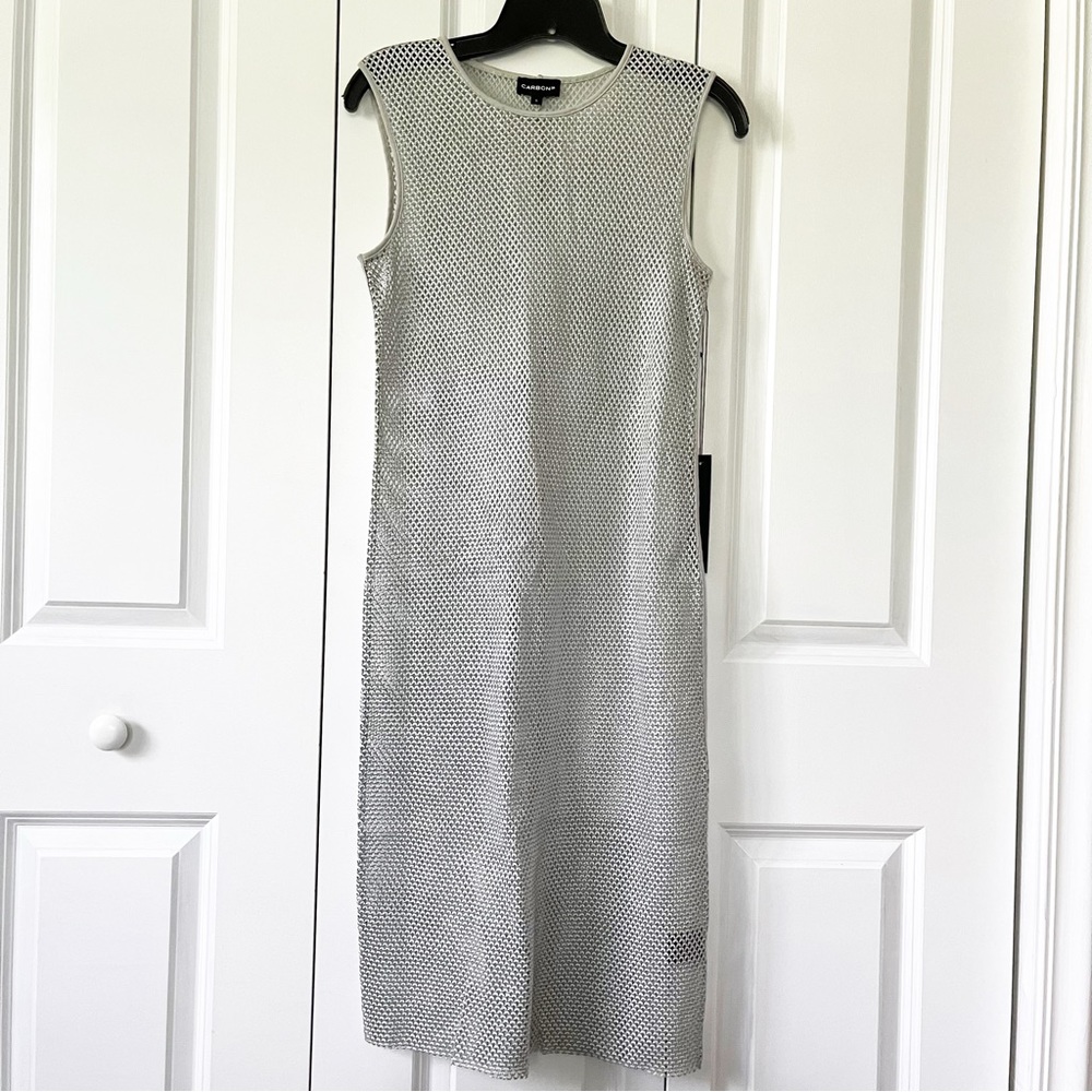 NWT Carbon 38 silver metallic mesh midi sleeveless dress